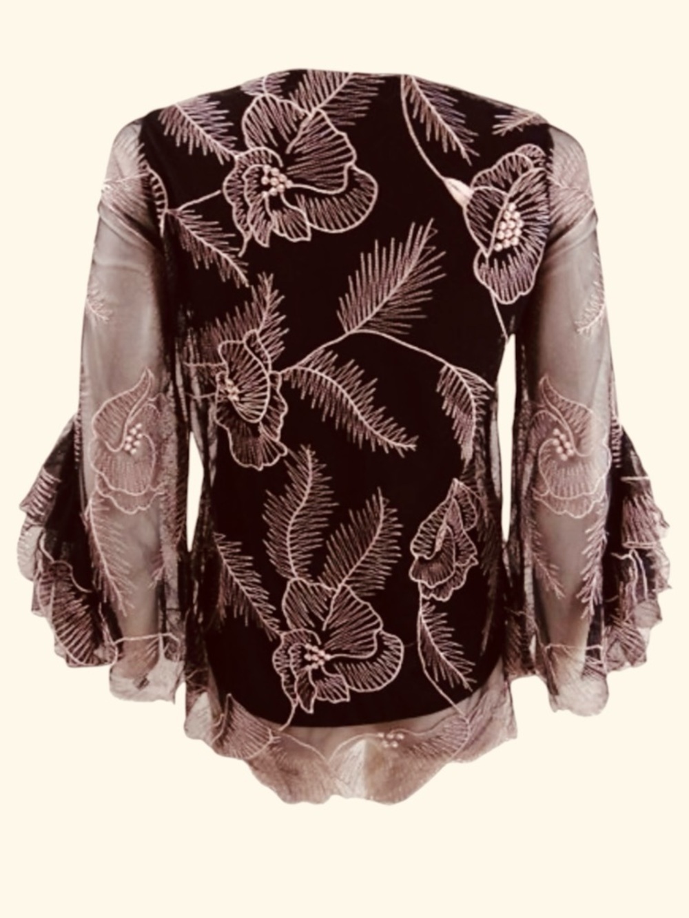 Alfani Black Sheer Floral Embroidered Blouse Bell Sleeve Top Size M - Picture 4 of 11
